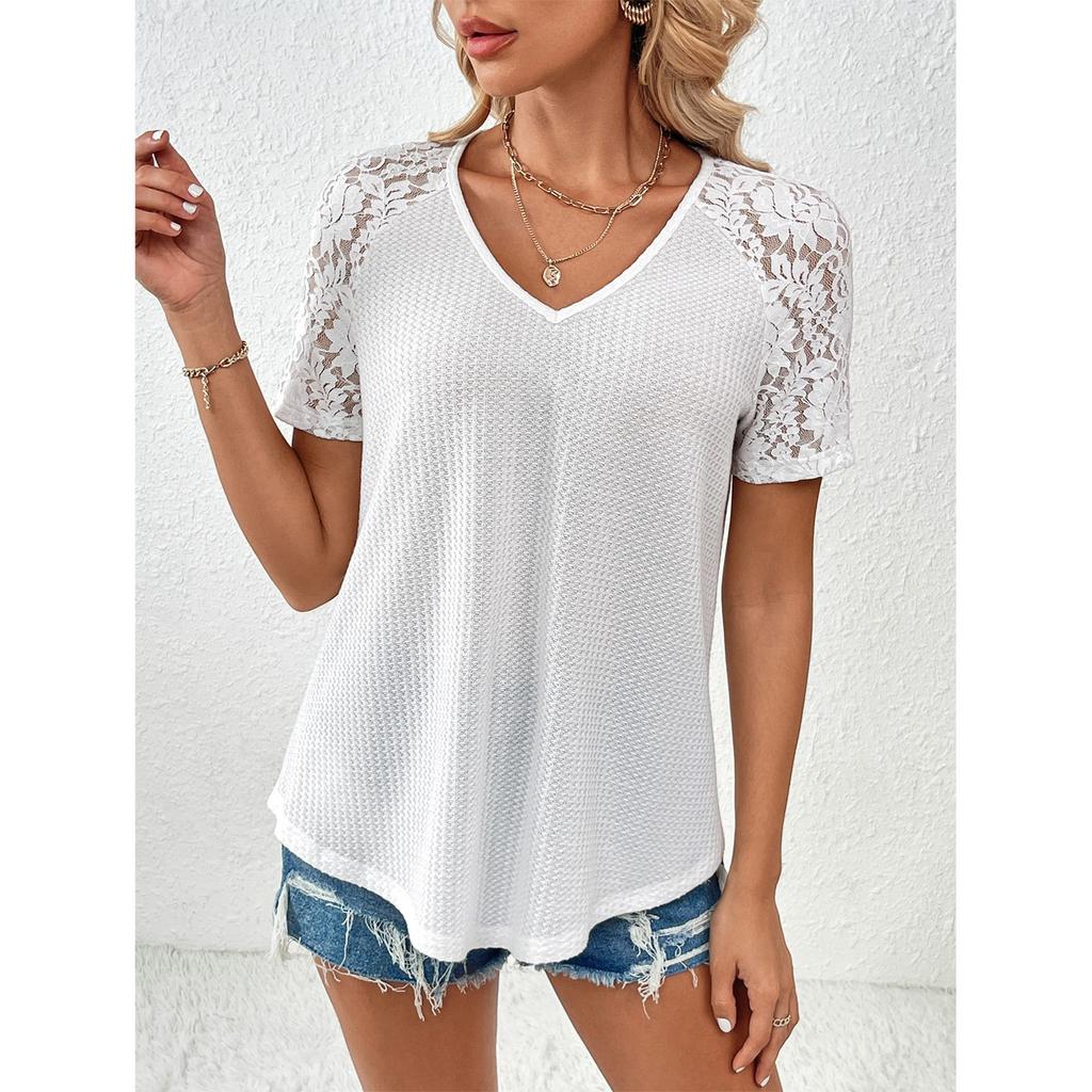 Ladies Casual Fashion Sexy Hollow Lace V-Neck Short Sleeve Top