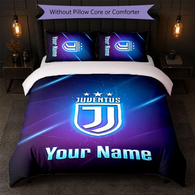 Juventus FC Custom Name Text Bedding Set 1 Duvet Cover+2 Pillowcases Soccer Logo Personalized Gift For Special Occasion Bedroom Decor