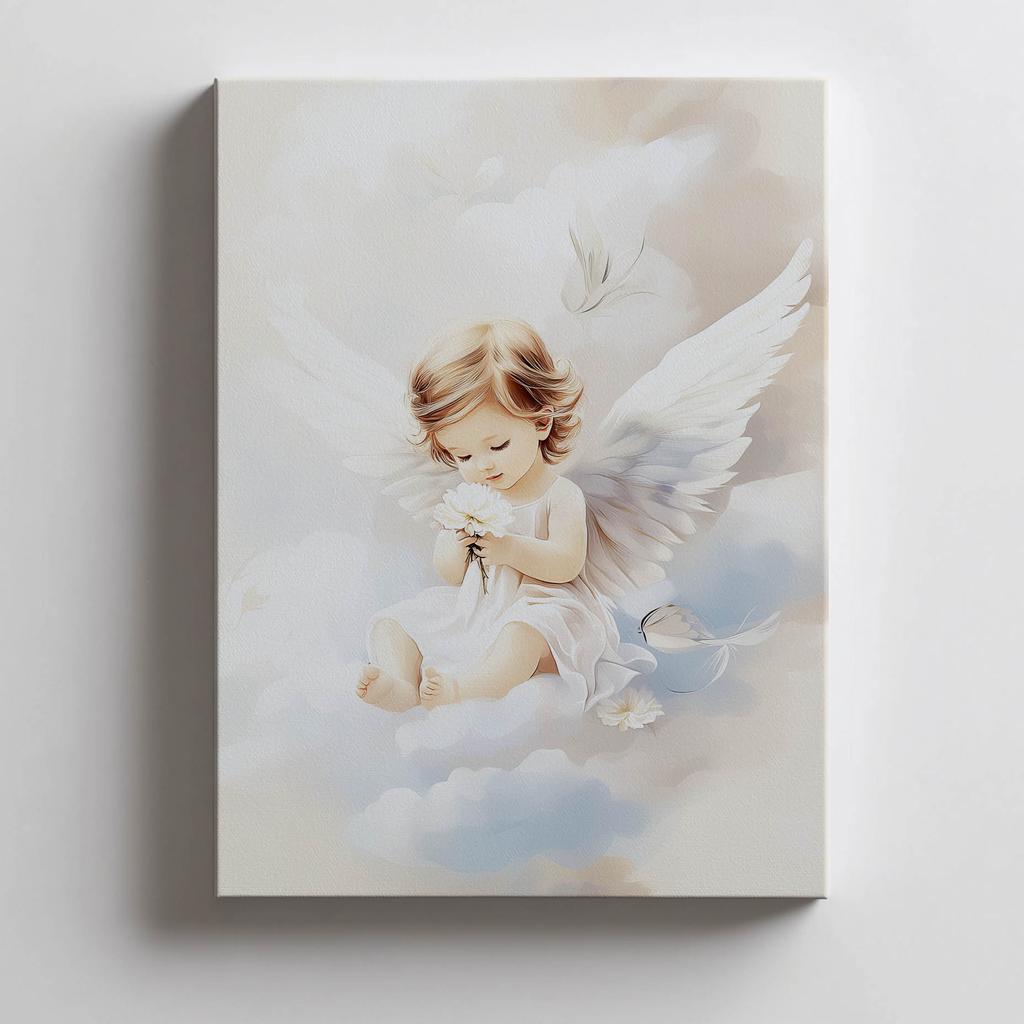 Poster Cute Angel On Clouds Poster Cute Angel On Clouds, 50X70 Cm, Frameless, Premium Canvas On Stretcher