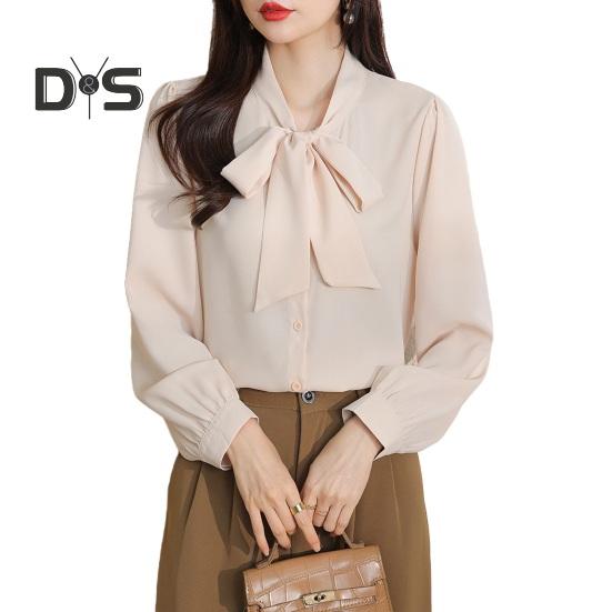 Женская рубашка со шнуровкой и бантом на воротнике, с длинным рукавом, повседневная рубашка, однотонная, свободная, шифоновая рубашка, топы, повседневная одежда