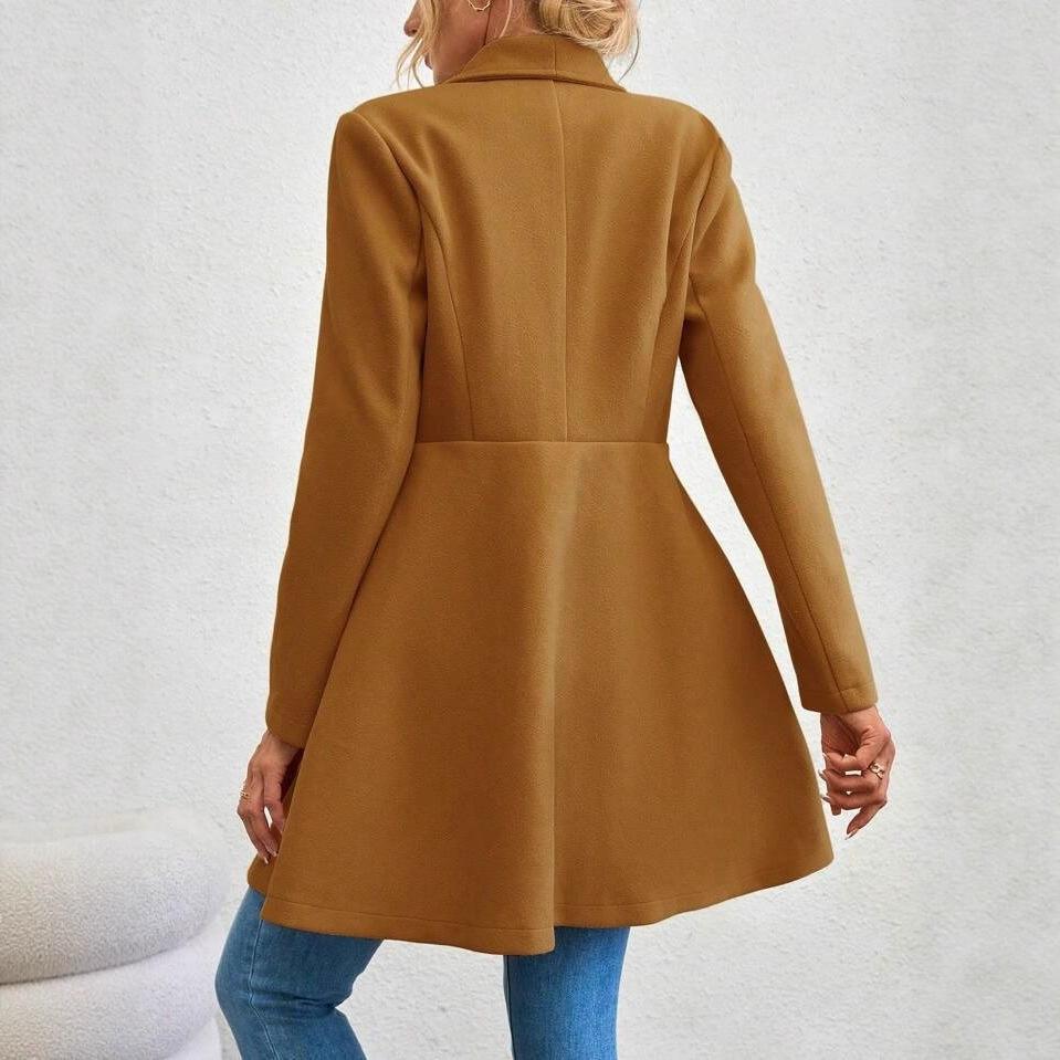 Women's Mid-Length Wool Blend Coat, Autumn Winter Wide Lapel Double Button Outerwear, Slim Fit Elegant Ladies Chic Notched Collar Overcoat