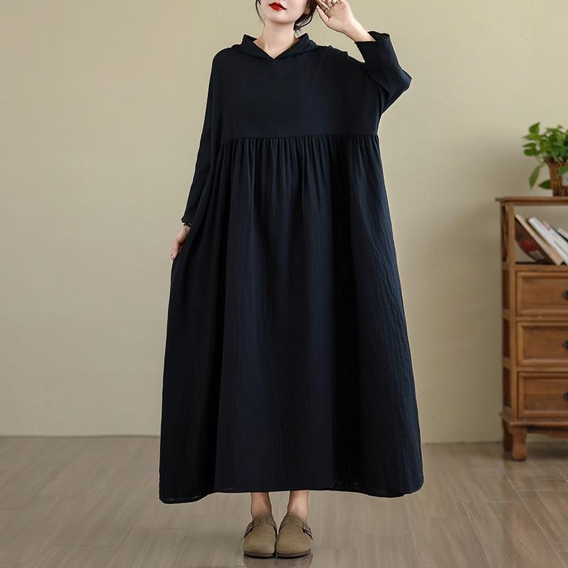 Long Sleeve Plus Size Cotton Vintage Hooded New In Dresses for Women Casual Loose Spring Autumn Dress