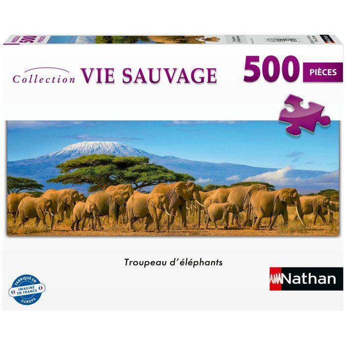 Nathan-Puzzle Adulte 500 pièces-Troupeau d’éléphants (panoramique)-dès 12 ans-Pz qualité supérieure-Collection Vie sauvage 12001866