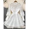 Retro Long Sleeves Stand Collar Crochet A- Line Dress Lace