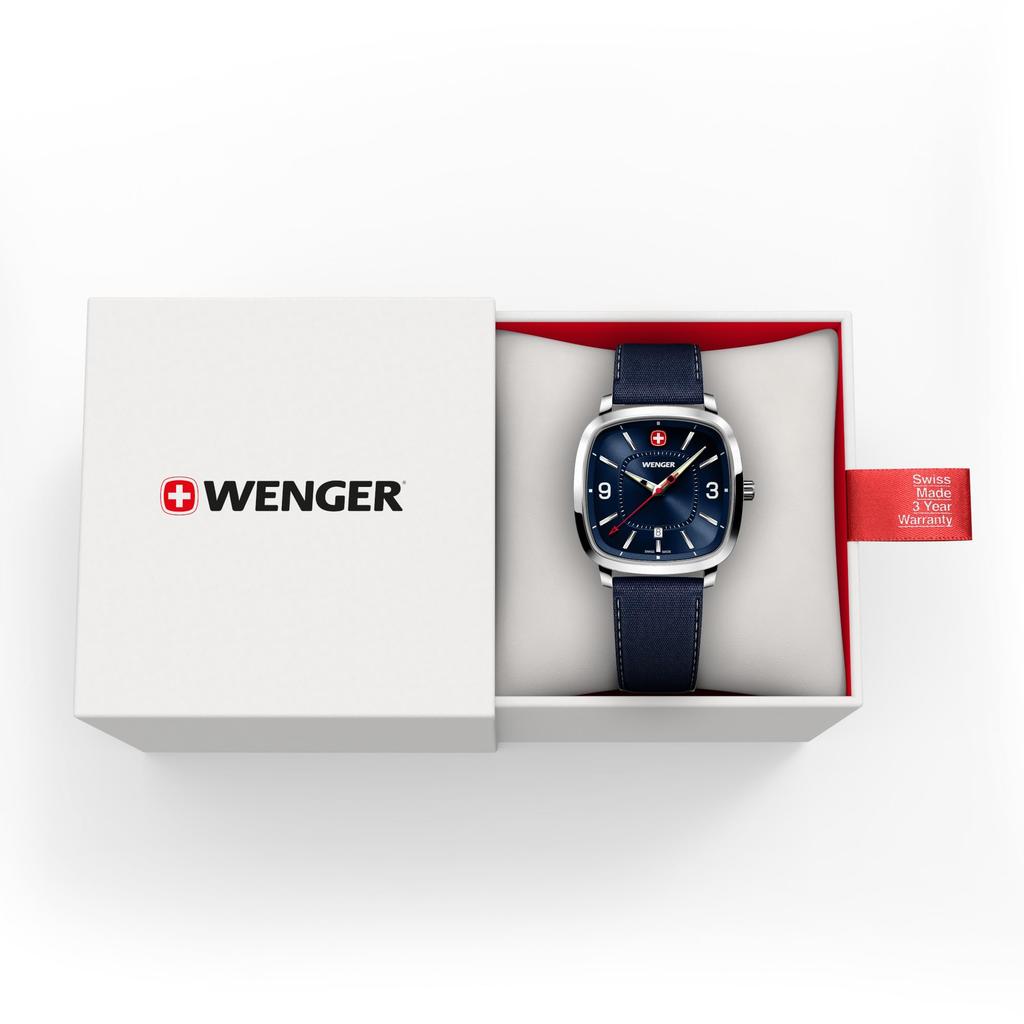 Мужские часы WENGER VINTAGE SPORT, Корпус из нержавеющей стали (316L), Синий Циферблат, Синий Рециклированный Ремешок, Кварцевый Механизм, Водонепроницаемость 50 м, Аналоговый, Подарочный Предмет