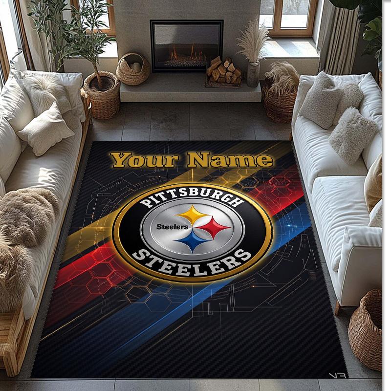 Pittsburgh Steelers Crystal Velvet Rug, Custom Name Text Personalized Non‑Slip Floor Mat for Home Decor Gift