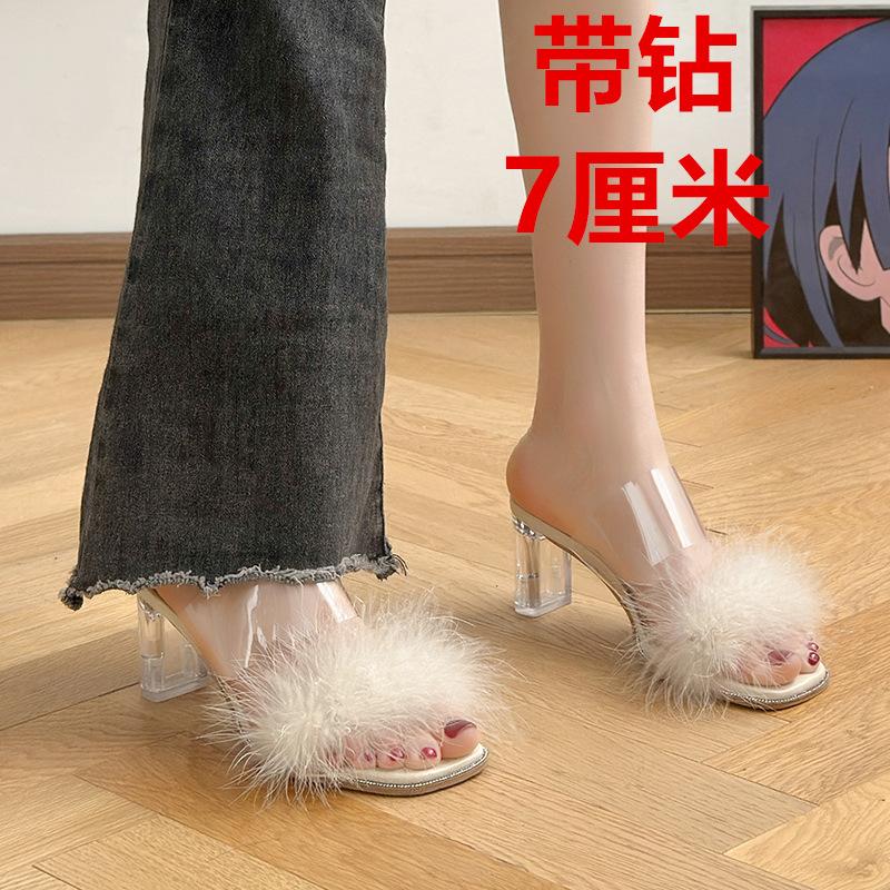 Туфли на высоком каблуке женская летняя верхняя одежда весна 2025 новые туфли сандалии толстый каблук толстая подошва прозрачные высокие каблуки женские плюшевые сандалии