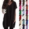 Womens Tops V-neck Short Sleeve Blouses Casual Mid-length Shirts Fashion Print Tunic Tops With Pockets