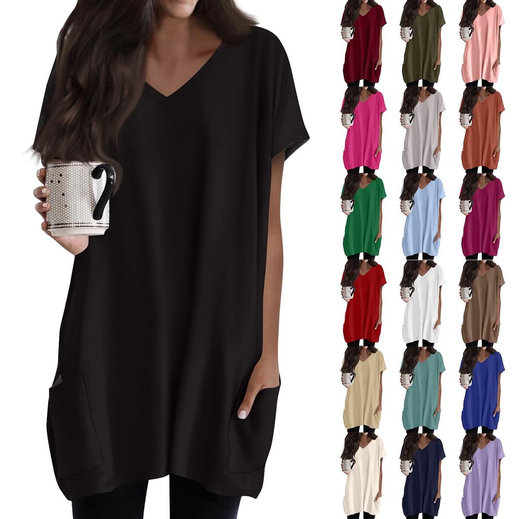 Womens Tops V-neck Short Sleeve Blouses Casual Mid-length Shirts Fashion Print Tunic Tops With Pockets