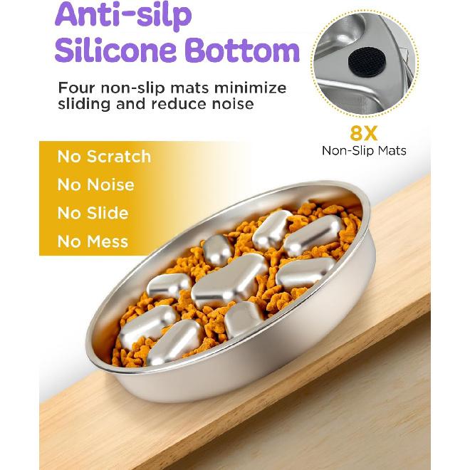 Slow Feeder Dog Bowls with Non-Slip Mat, Stainless Steel Metal Slow Feeder for Small & Medium Dogs, 2 Cups Pet Bowl for Fast Eaters, Slows Down