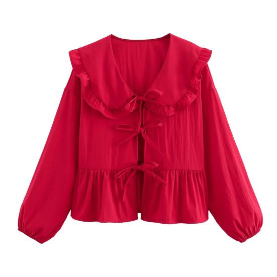 Yousheng женская рубашка с кукольным воротником, пышная рубашка на шнуровке с длинными рукавами, топы, однотонная рубашка свободного покроя с рюшами на подол, уличная одежда