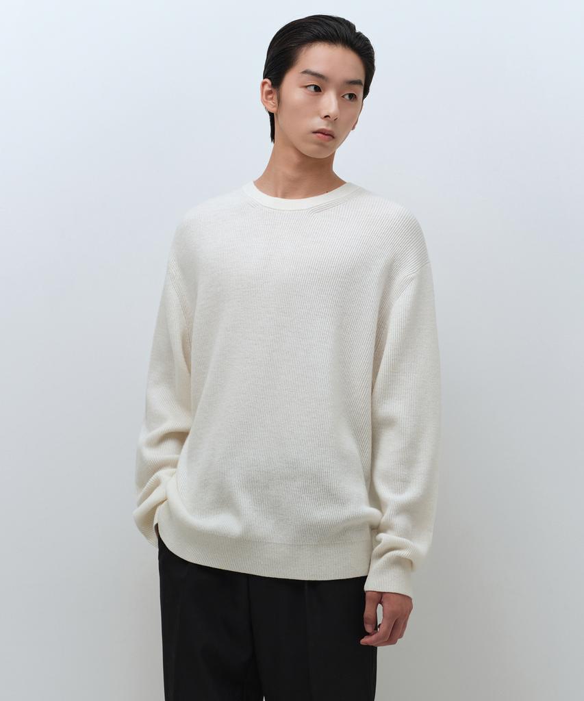 Musinsa Standard [Victoria Wool] Минималистичный вязаный джемпер в рубчик с круглым вырезом [Кремовый]