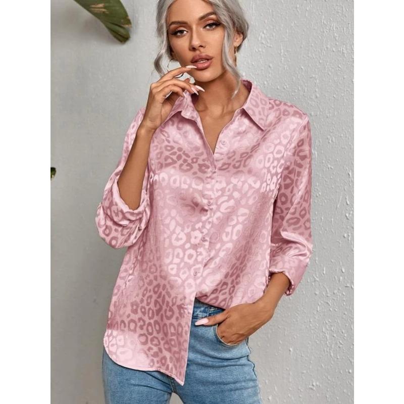 Женская мода повседневная летняя весна леопардовый принт длинный рукав воротник поло блузки и рубашки