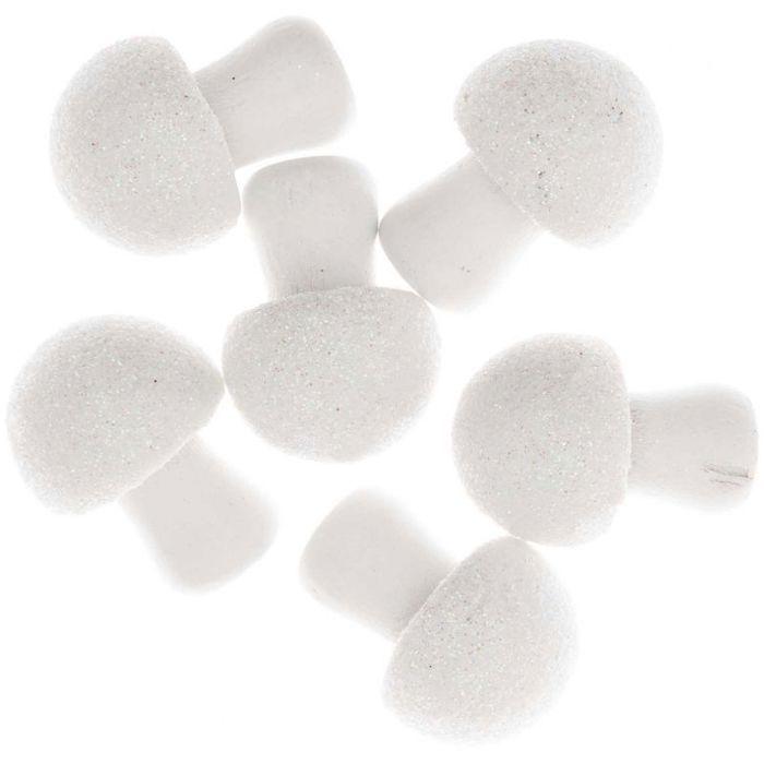 6 White Glittery Wooden Mushrooms