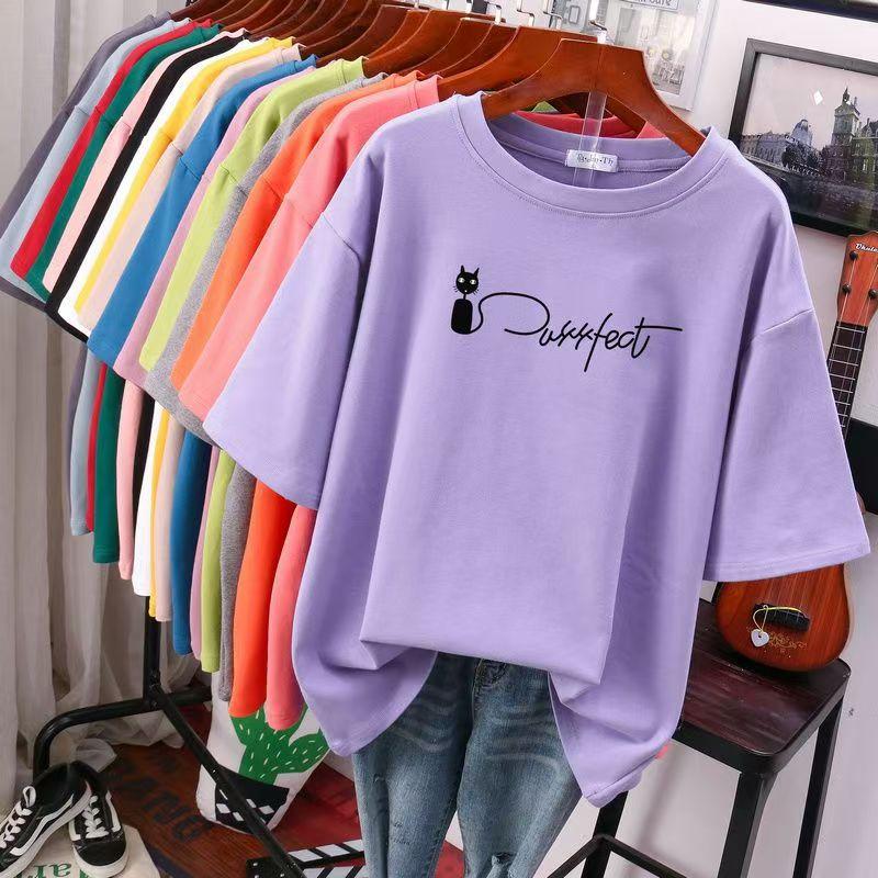 Женские футболки больших размеров с коротким рукавом, хлопковые повседневные футболки с круглым вырезом и английским принтом, мягкие и удобные свободные женские топы