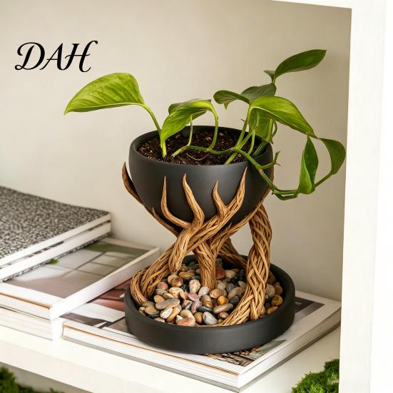 Succulent Planter Pot 3D Printed Tree Root Planter, Bionic Wood Textured Flower with Small Miscellaneous Storage Box Drainage Hole, Container
