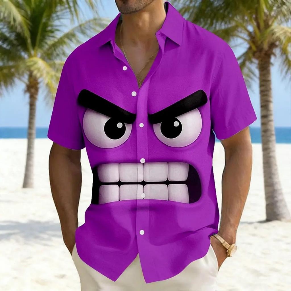 Cartoon Angry Expression Print Short Sleeve Shirt, Loose Comfortable Breathable Lapel Cardigan, Trendy Top for Vacation and Casual Wear