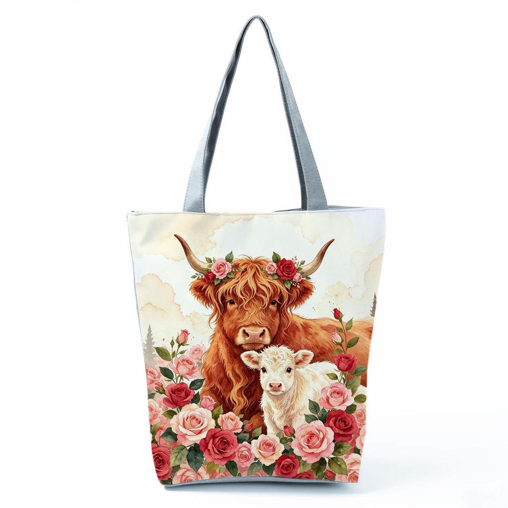 Сумка-тоут на одно плечо с принтом шотландской коровы - Большая вместимость, Модная сумка-клатч на молнии