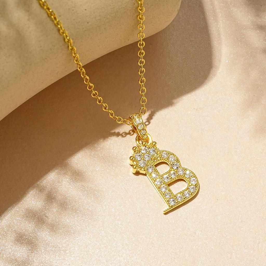 Gold-Plated Zircon Crown Letter Pendant Necklace - Women's Versatile Choker