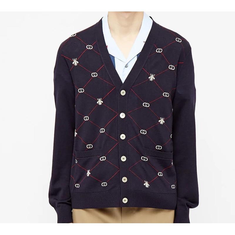Gucci GG Jacquard and Bee Cardigan Navy Men's 597741-XKA4I-4206