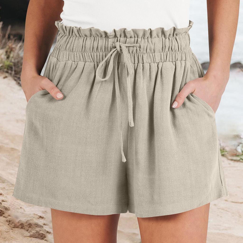 Женские льняные шорты, летние пляжные повседневные удобные шорты с эластичной резинкой на талии, легкие шорты на шнурке, повседневные шорты с карманами