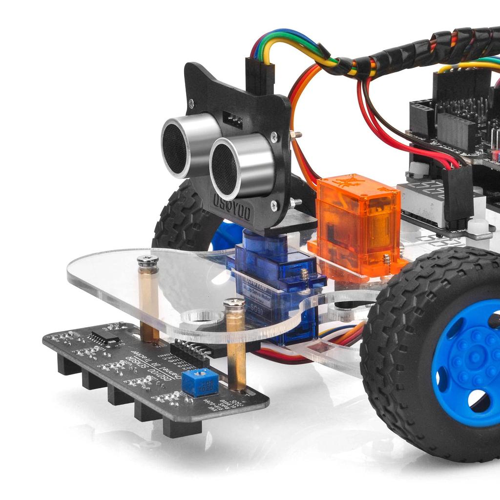 OSOYOO Arduino UNO Robot Car Smart Car Kit with Servo Steering Rack, DIY Kit, Bluetooth, Wi-Fi, IOT, Autodrive, C++, and Computer Programming