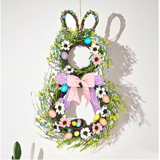 25 Inch Easter Bunny Wreaths for Front Door Decoration,Easter Door Wreath with Pastel Eggs Artificial Floral Decorations for Home Indoor Outdoor