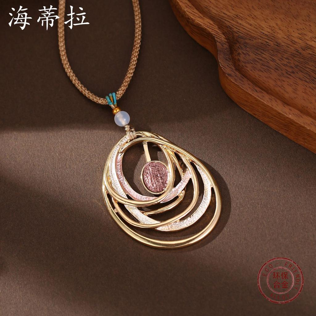 Новый цветная масляная живопись полый овальный плетеный шнур длинная подвеска, женское ретро премиум цветочное длинное ожерелье