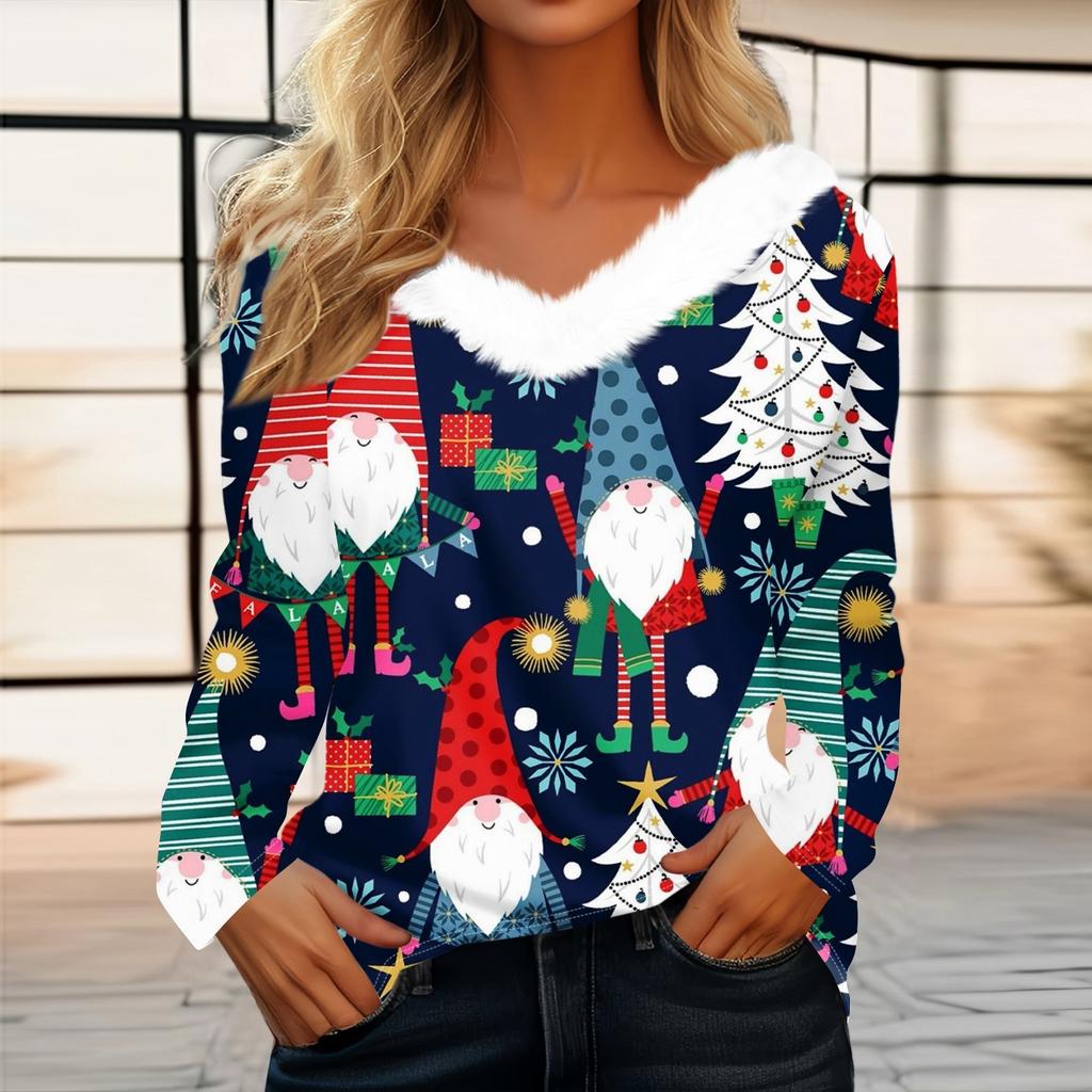 Рубашки с длинным рукавом для женщин Милые топы Рождественские принты Футболки Блузки Повседневные топы больших размеров Базовые топы Пуловеры