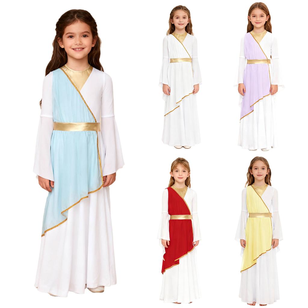 Halloween & Party Dress for Girls: Ancient Greek Princess Costume with Long Sleeves, Contrast Colors for Performance & Play