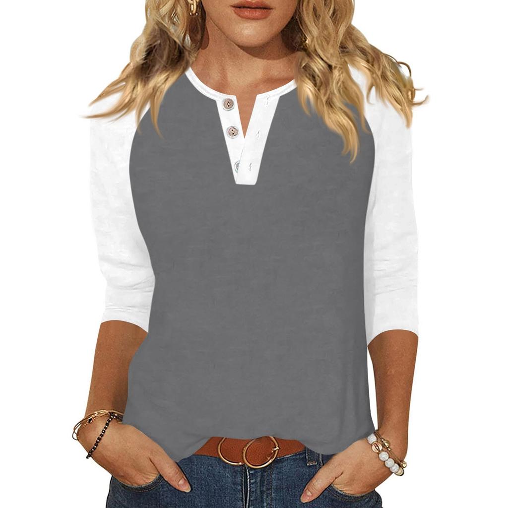 Жен. Футболка С принтом Пуговицы Рукав 3/4 Повседневные Выходные Мода Классический Классический V-образный вырез Обычный Верх