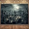 A terrifying cemetery background depicting a Gothic cemetery scene featuring skulls full moons tombstones and bats.