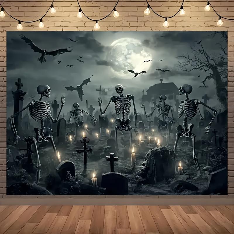 A terrifying cemetery background depicting a Gothic cemetery scene featuring skulls full moons tombstones and bats.
