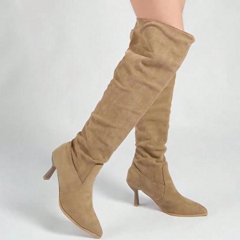 Ретро Черные Замшевые Сапоги до Колена Женские 2025 Зима Сексуальные Остроносые На Высоком Каблуке Сапоги для Верховой Езды Вечерние Туфли Большого Размера