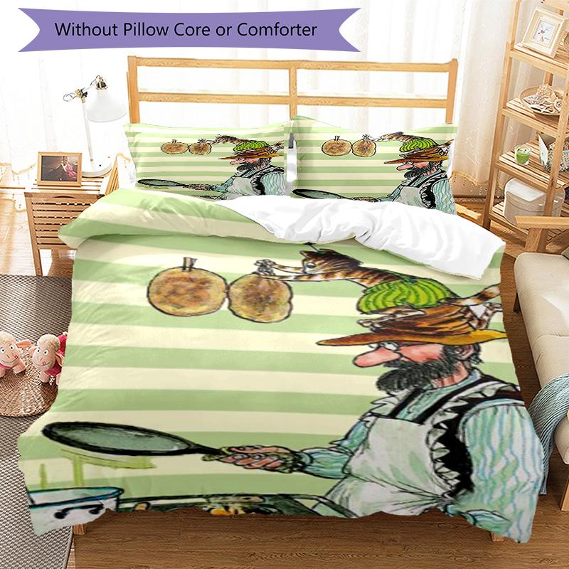 3pcs Pettson and Findus Bedding Set Duvet Cover Closure Includes 1 Duvet Cover & 2 Pillowcases, Soft and Comfortable for All Seasons.