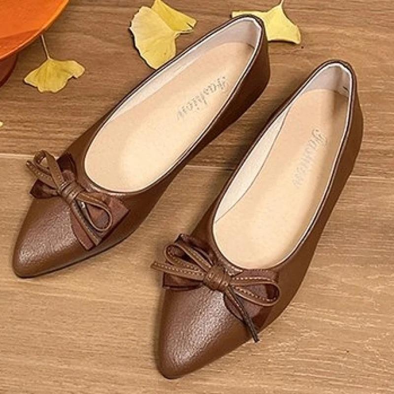 Fashion Summer New Women Fashion Concise Soft Flats Non-slip Shallow Knot Patent Leather Flats Lady Pointed Toe Breathable Flat Plus Siz