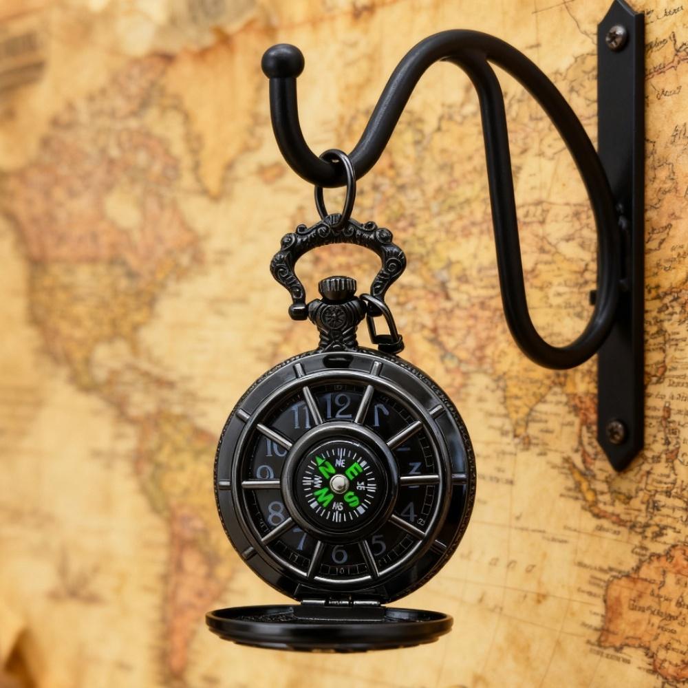 Men's Retro Multifunctional Pocket Watch,Quartz Compass Gift Pocket Watch,Black Starry Sky Dial with Chain.