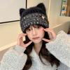 Hat Women's Metal Diamond Label Cute Ears Knitted Wool Hat Winter Warm Ear Protector Thick