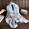 Faux Silk Scarf with Beading Embroidered Crabapple Flower Design Women Versatile Shawl Comfortable Imitation Silk Scarf