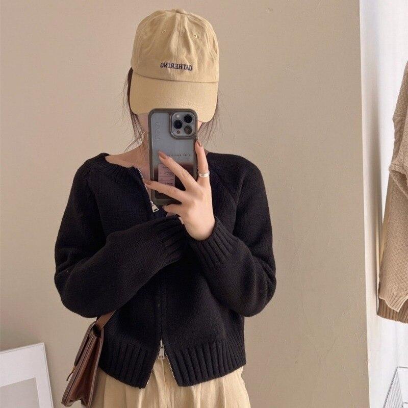 Зимний однотонный вязаный кардиган, женские куртки, милые укороченные свитера на молнии, корейские винтажные повседневные свободные короткие трикотажные пальто 28975