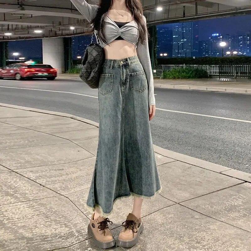 Женская синяя джинсовая юбка в стиле ретро с высокой талией, тонкая юбка трапециевидной формы, длинные джинсы, женская новая корейская версия