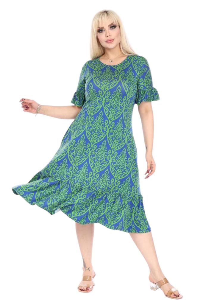 Женское платье большого размера, зеленая юбка больших размеров с короткими рукавами и рюшами, платье миди с узором Kilim
