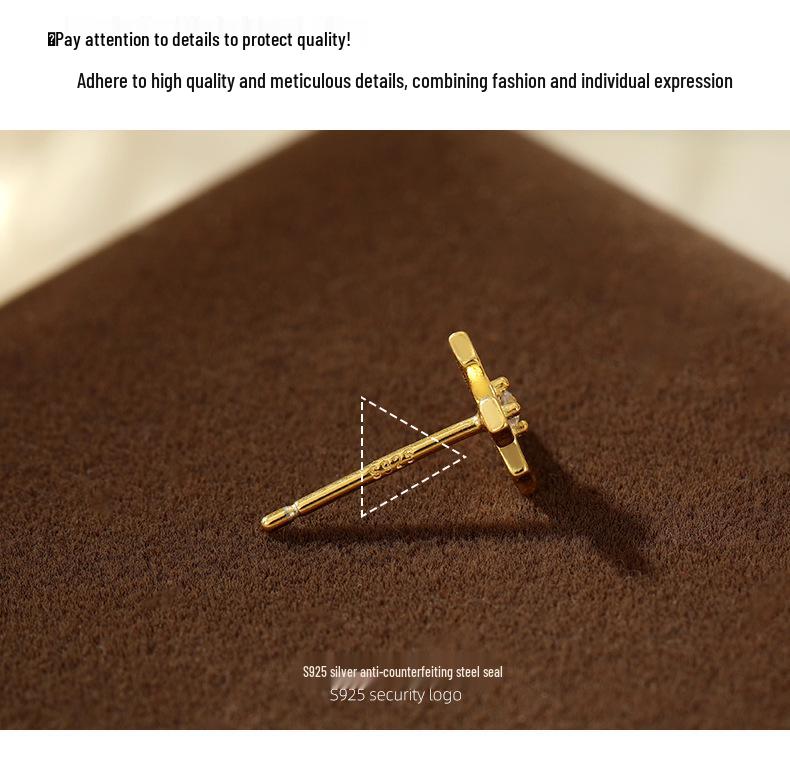 S925 Korean Silver Zircon Cross Earrings - Single Diamond, Personal and Simple Design