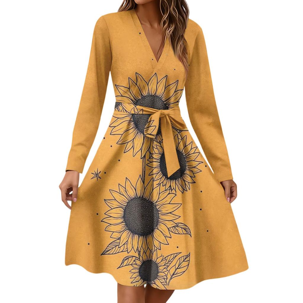 Women's Fashion Casual V-Neck Long Sleeve Waist Floral Print Midi Dress