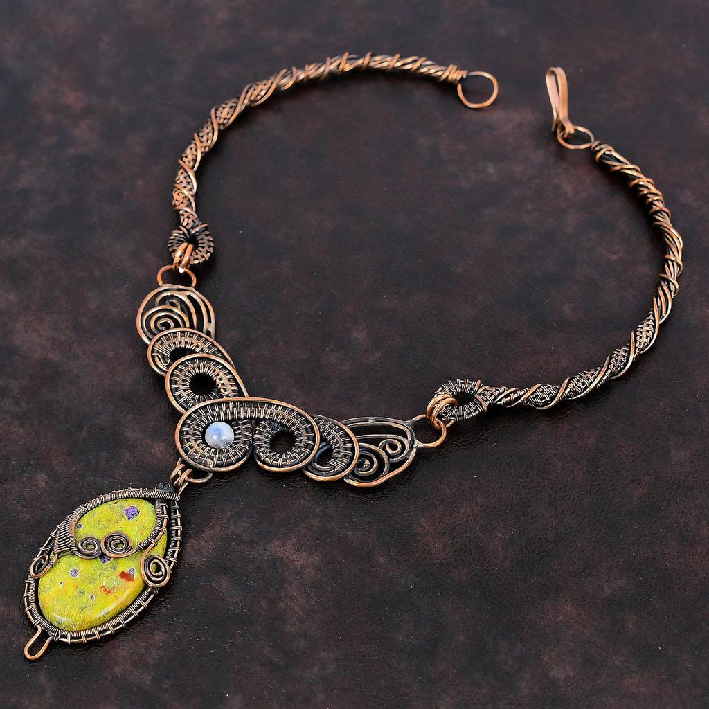 Ожерелье со стихтитом и драгоценным камнем, медная проволока, обернутое ожерелье, Радужное ожерелье из лунного камня, ожерелье ручной работы, медная проволока, ювелирные изделия, подарок на свадьбу