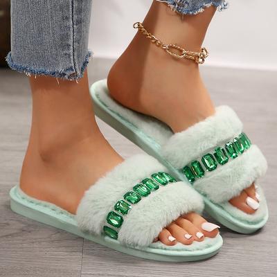 Модные плюшевые домашние тапочки со стразами для женщин 2025 Зимние теплые тапочки-слайды на плоской подошве из искусственного меха Женские с открытым носком на одном ремешке