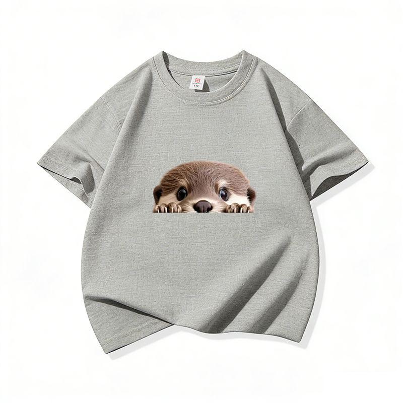 Kids Cotton T Shirt Cute Peeking Otter Print Crew Neck Short Sleeve Tee Casual Breathable Boys Girls Summer Tops
