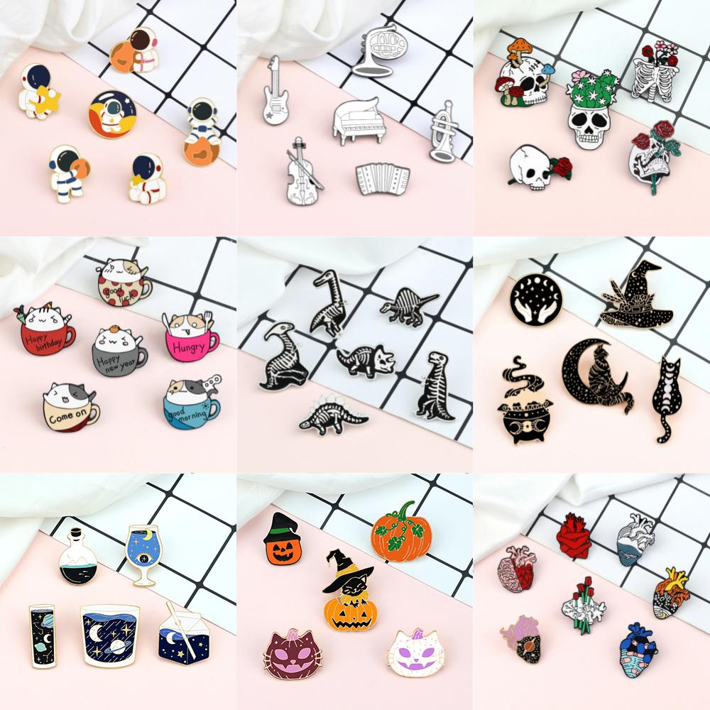 5-7pcs Punk Witch Skull Brooches Cartoon Anime Dinosaur Skeleton Heart Enamel Pin Animal Cats Bag Lapel Badges Jewelry