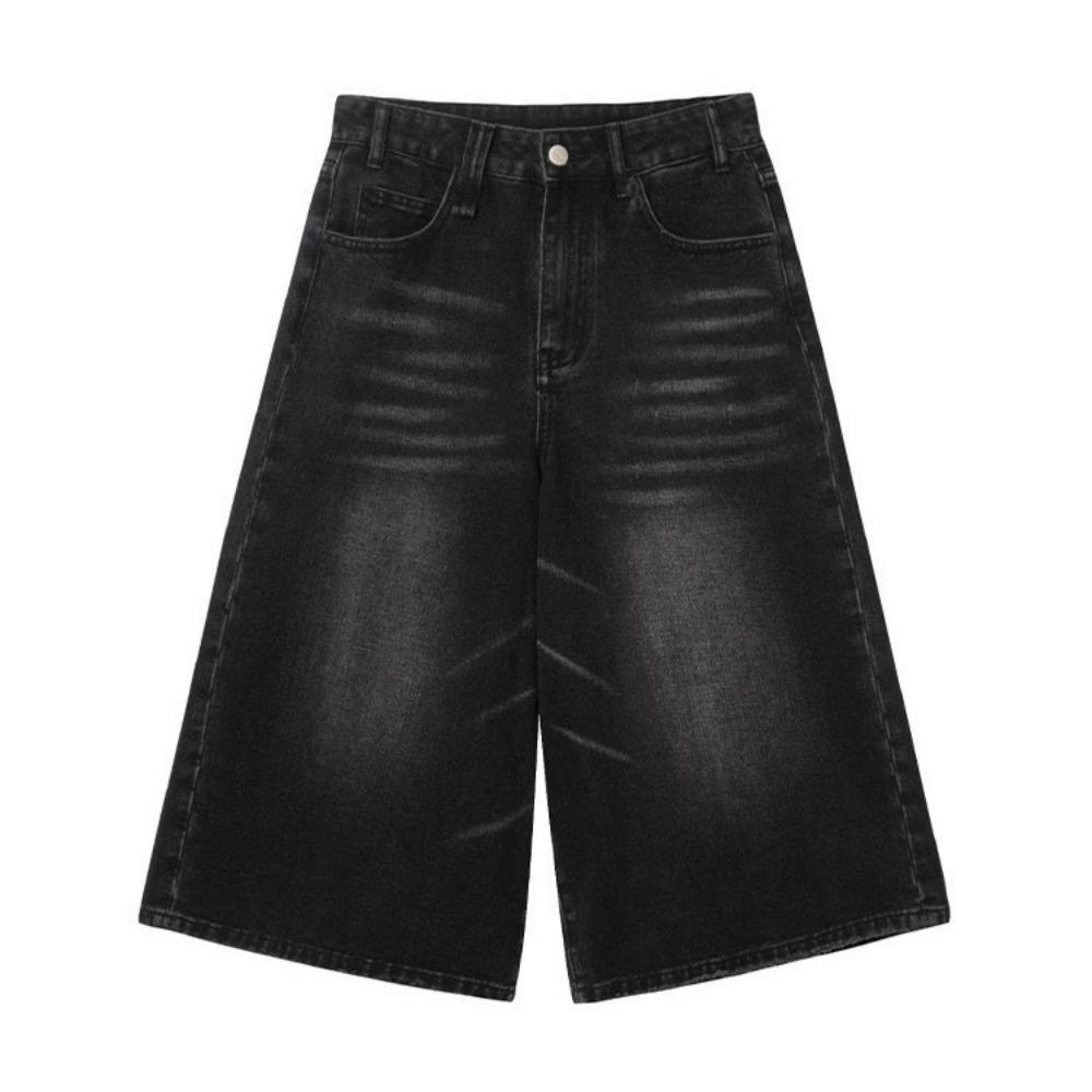 RogueWave Y2k Ретро Женские Джинсовые Шорты с Низкой Посадкой, Потертый Черный Вареный Деним, Укороченные Мешковатые Джинсы с Широкими Штанинами, Шорты из Денима с Бахромой, Мода Акуби