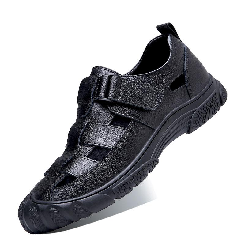 Fashion Mens Genuine Leather Sandals 2024 Summer Flat Soft Cow Leather Male Footwear Thick Sole Brand Black Casual Shoes A4636